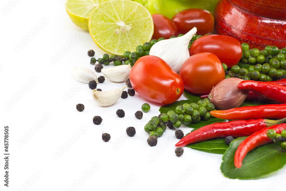 Fresh herbs and spices with wooden mortar Fresh herbs and spices with wooden mortar