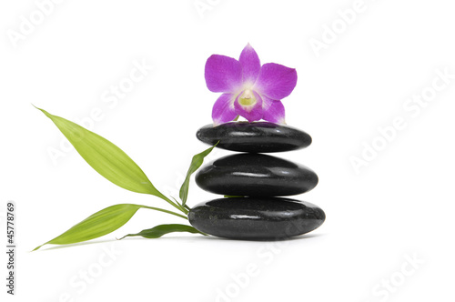Pink orchid  Zen pebbles balance. and bamboo leaf