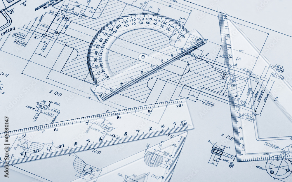 The plan industrial details, a protractor, ruler