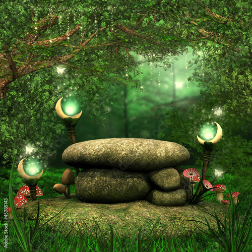 Fototapeta Skały w magicznym lesie z lampionami i grzybami