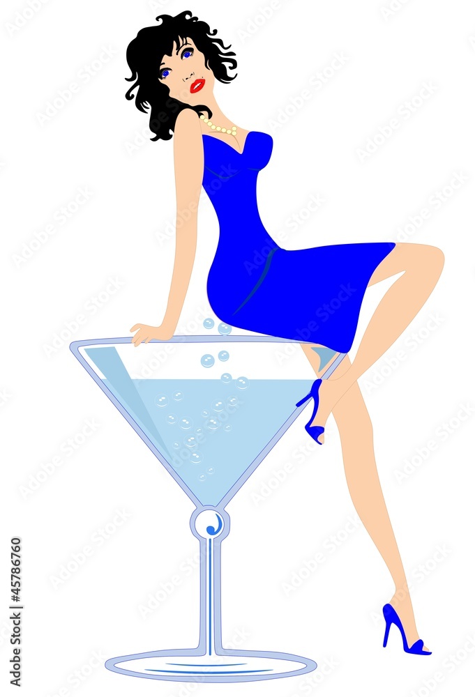 Fototapeta premium Sultry young lady sitting on a blue martini