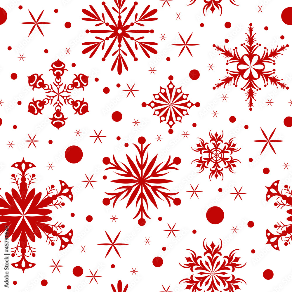 Red christmas seamless background with snowflakes - obrazy, fototapety, plakaty 