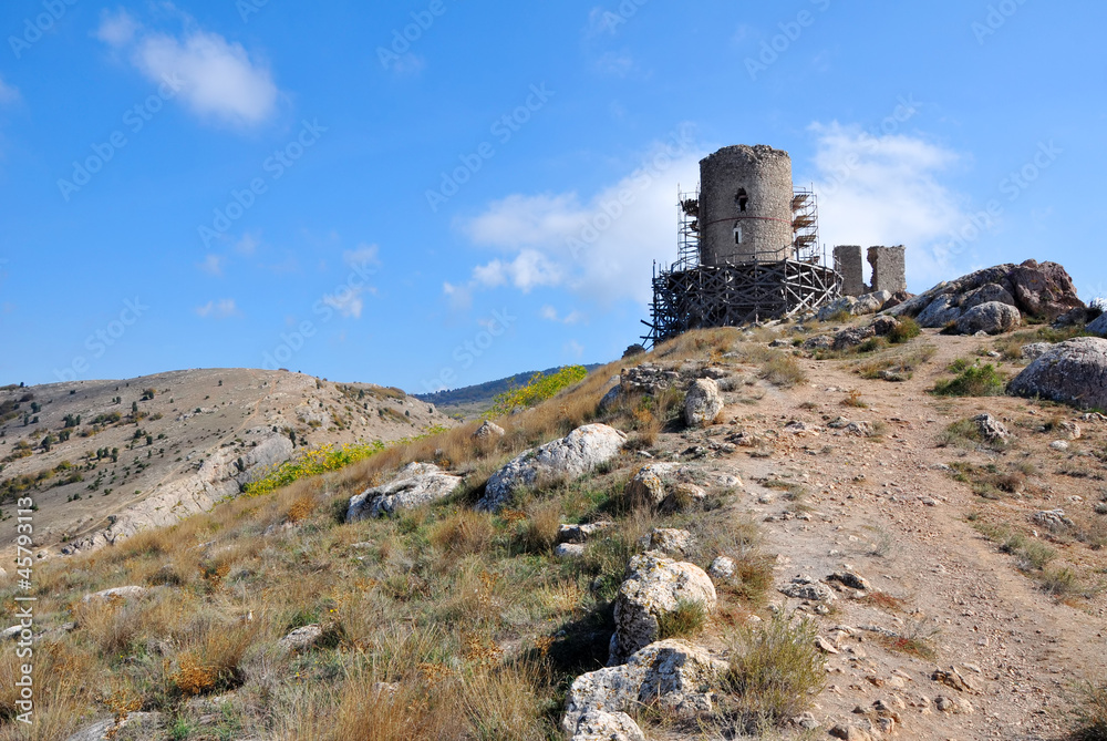 Chembalo fortress tower in Balaklava. Crimea, Ukraine