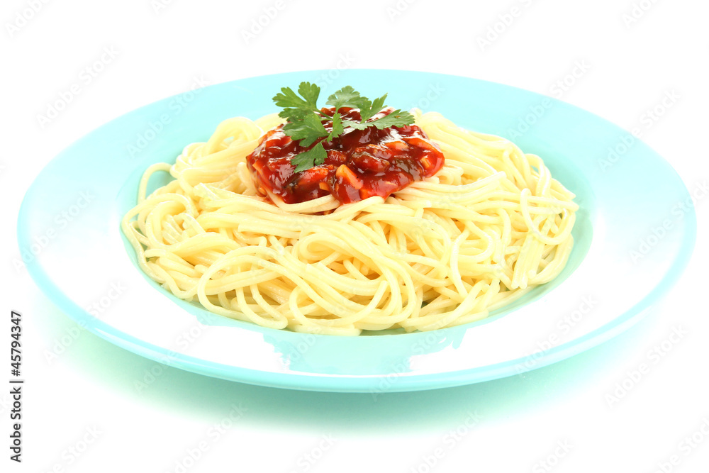 Italian spaghetti in plate isolated on white