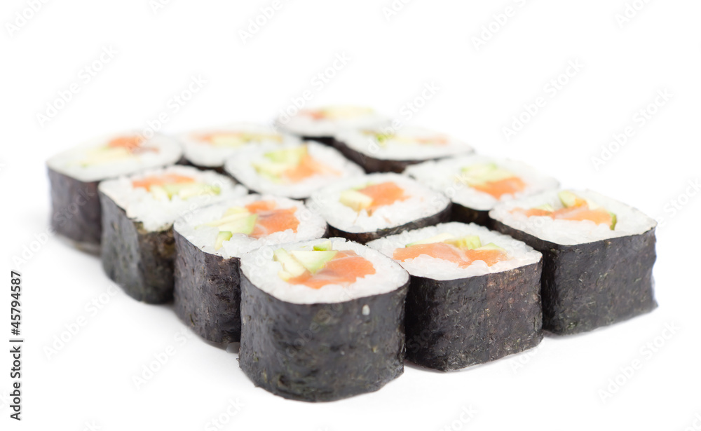 Portion of maki sushi rolls, isolated on white. Japanese food Portion of maki sushi rolls, isolated on white. Japanese food