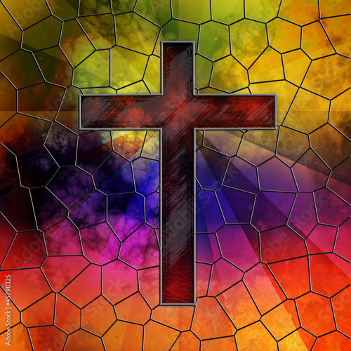 Red Glass Cross on stained glass window panel #45798325