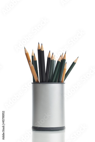 Box with pencils isolated on white