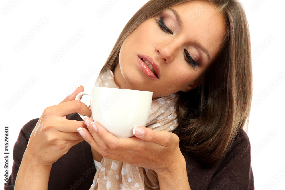 beautiful young woman with cup of coffee, isolated on white beautiful young woman with cup of coffee, isolated on white