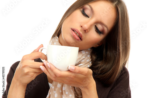 beautiful young woman with cup of coffee  isolated on white