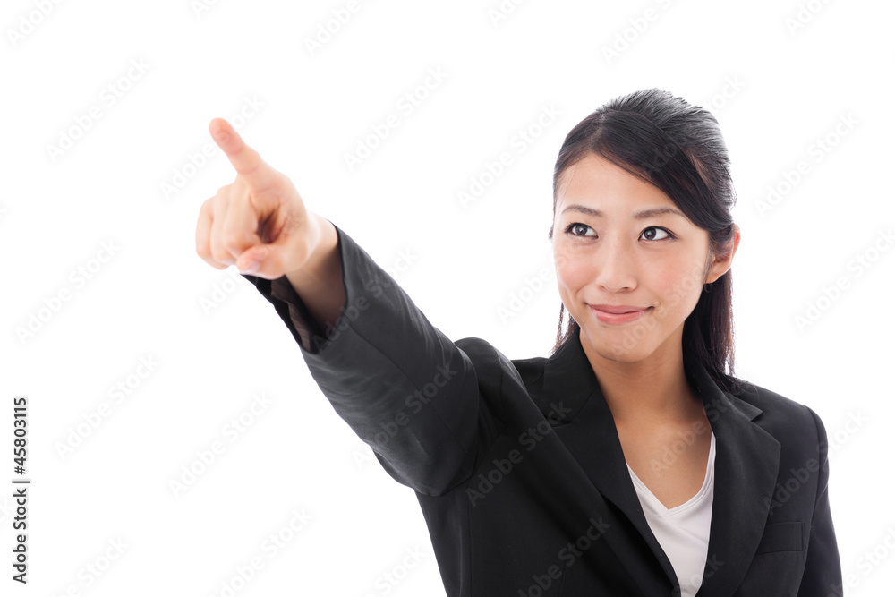 asian businesswoman pointing on white background asian businesswoman pointing on white background