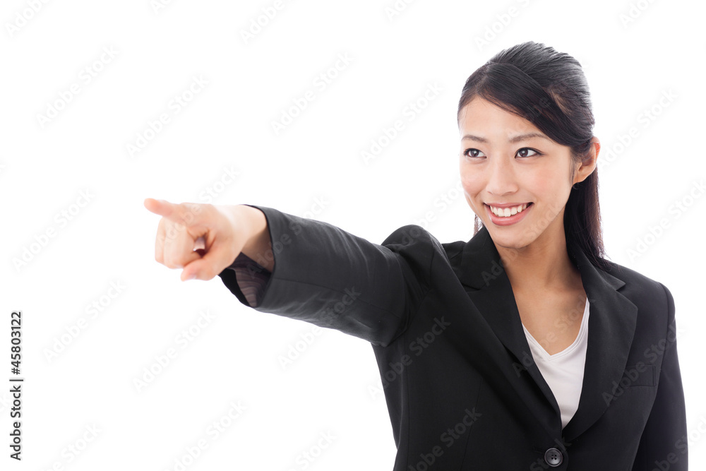 asian businesswoman pointing on white background asian businesswoman pointing on white background