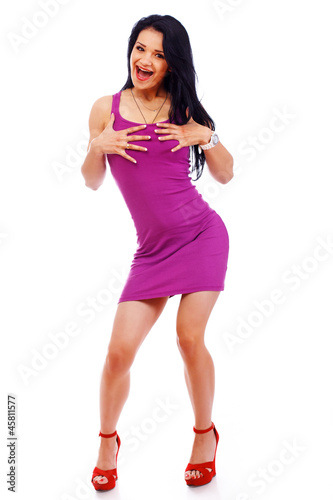 Portrait of beautiful woman posing on white background