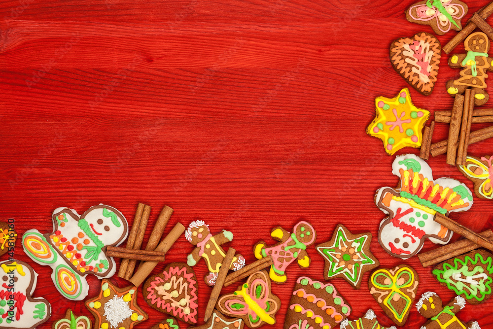 gingerbread, Christmas cookies, top view, red background