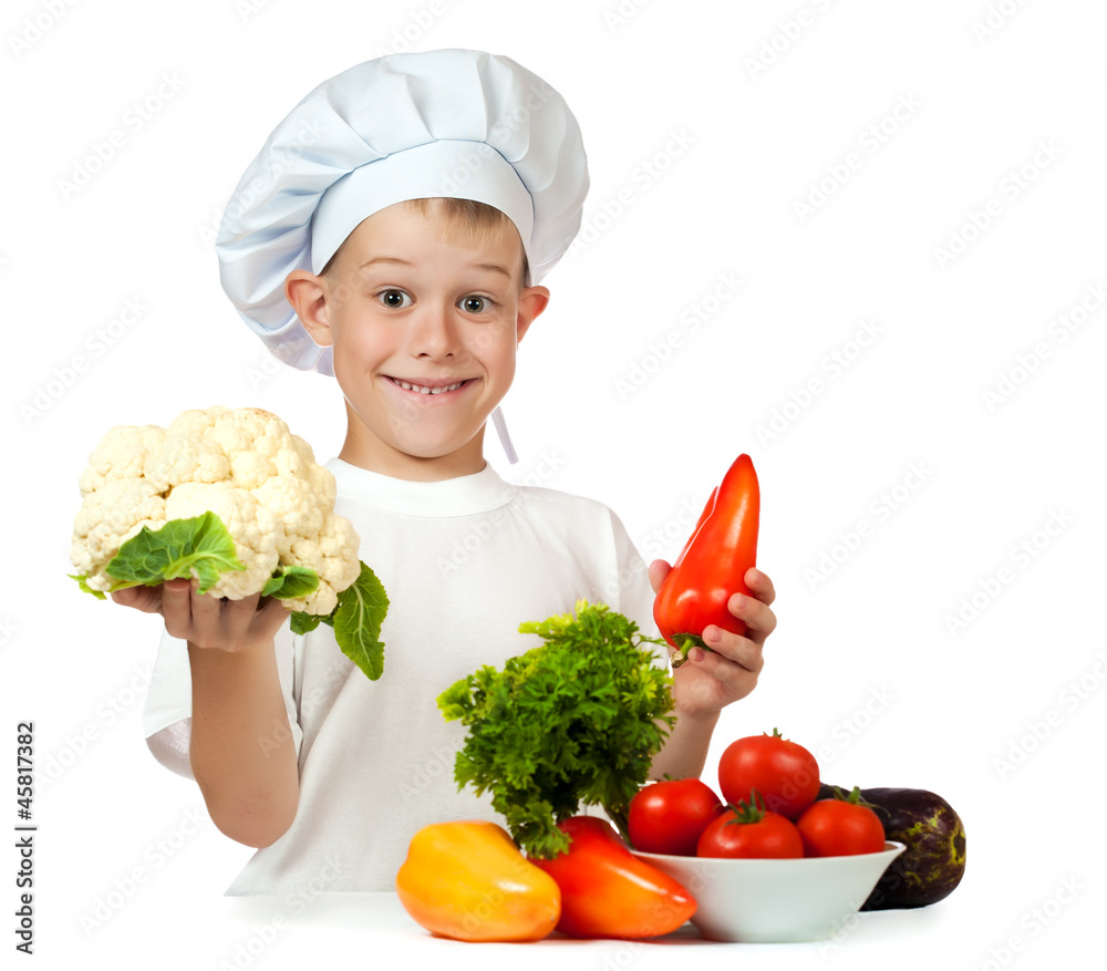 cook is holding cauliflower and bell pepper. isolated