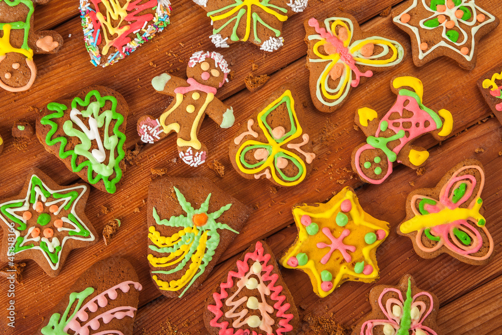 gingerbread, Christmas cookies, top view, brown background