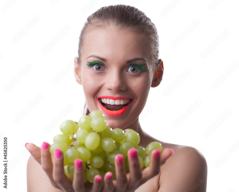 funny young woman offer green grapes isolated funny young woman offer green grapes isolated