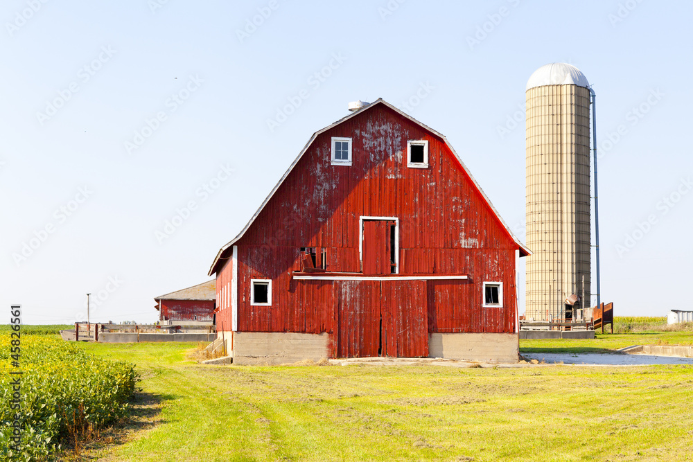 Traditional American Red Barn With Blue Sky Traditional American Red Barn With Blue Sky