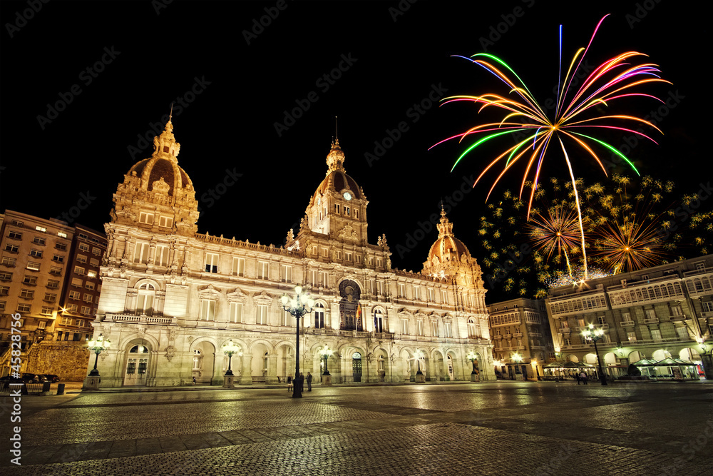 City council of La Coruña with fireworks, Galicia, Spain