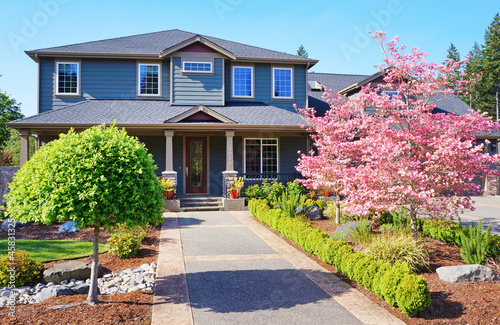 Grey lareg luxury house with spring blooming trees. photo
