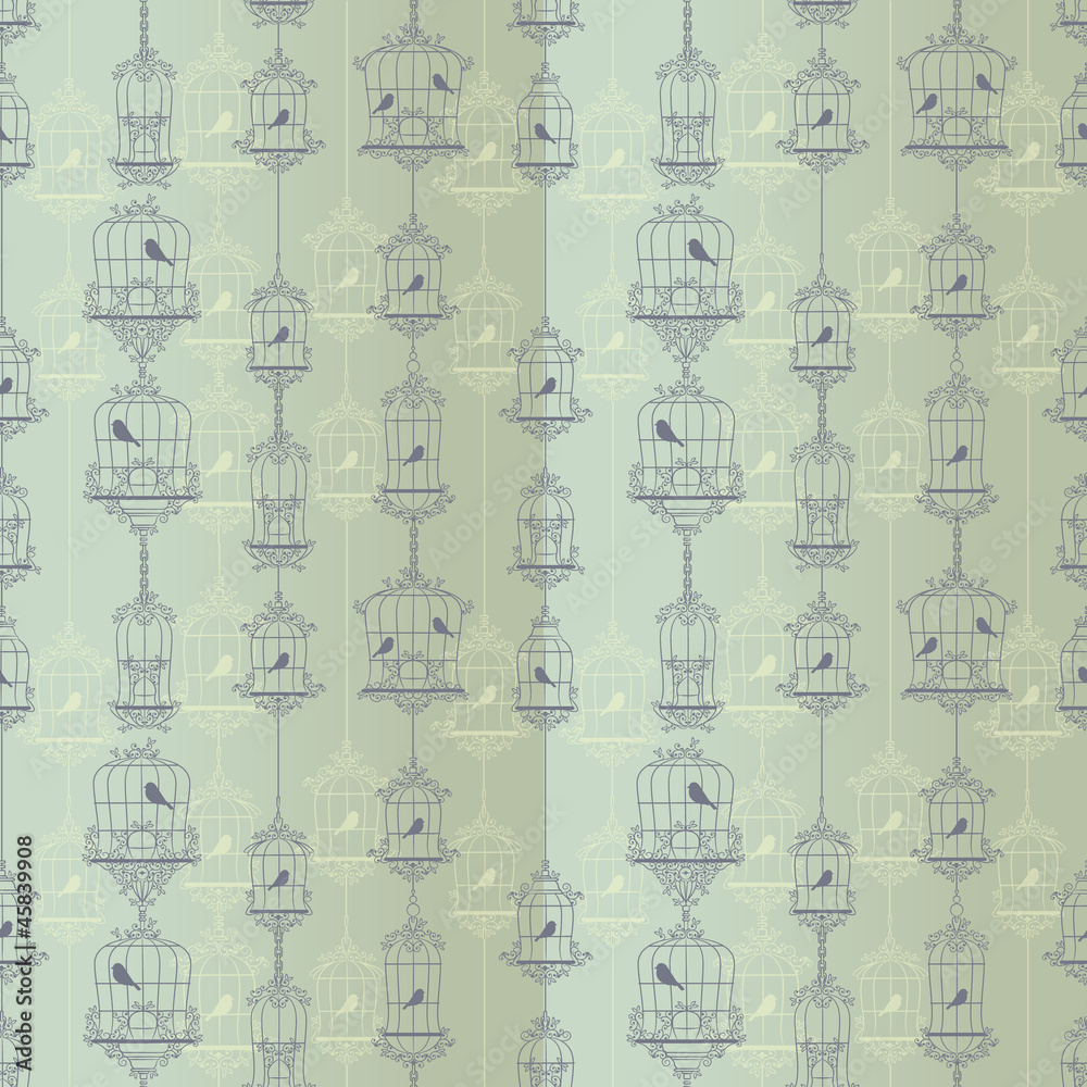 Obraz premium Vintage birds and birdcages. Pattern. Wallpaper.