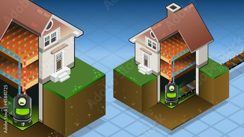 Isometric house with bio fuel boiler in hot production