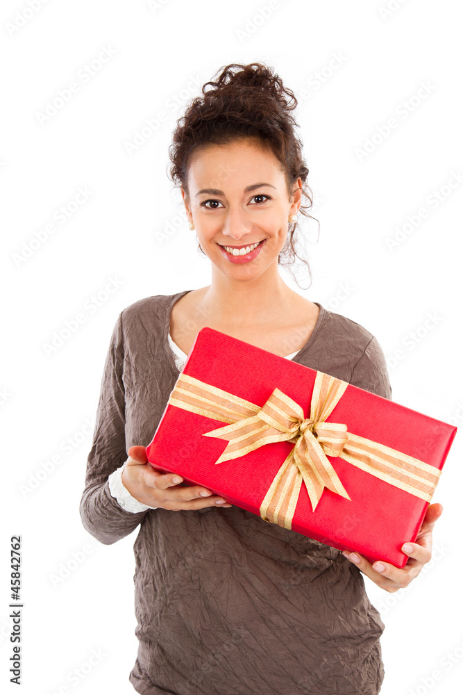 Junge Dame mit einem Geschenk in der Hand Junge Dame mit einem Geschenk in der Hand