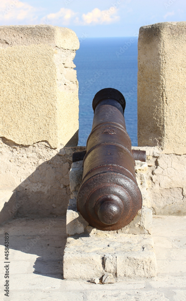 The cannon of the Fortress of Alicante, Spain .