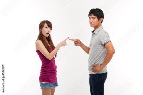 Asian couple fight each other isolated on white background.