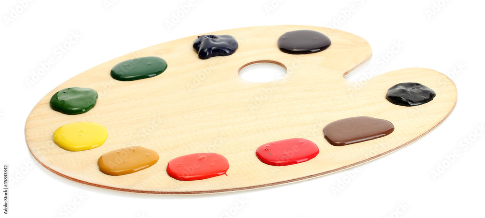 wooden art palette with paint isolated on white wooden art palette with paint isolated on white