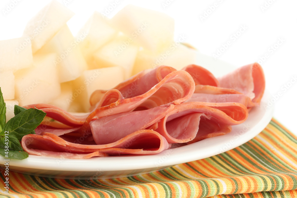 parma ham and melon, isolated on white