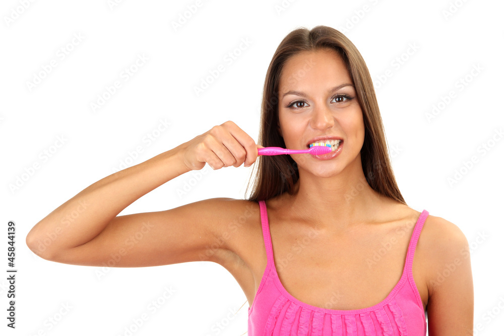 Beautiful young woman with toothbrush isolated on white Beautiful young woman with toothbrush isolated on white