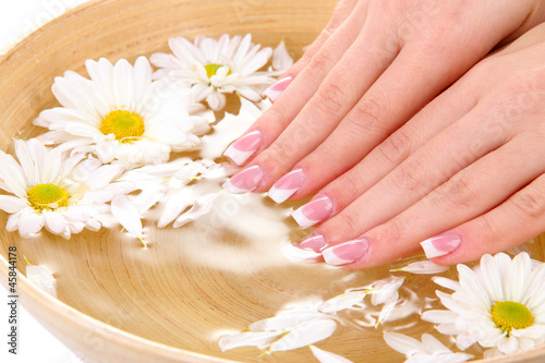 Woman hands with french manicure and flowers in bamboo bowl