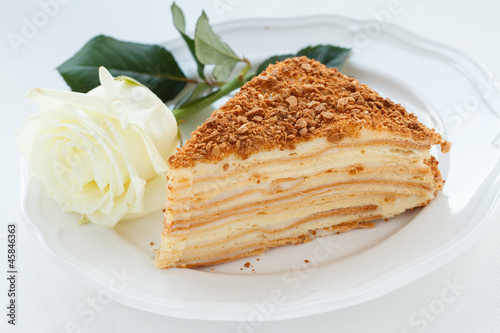 Romantic serving of Napoleon cake