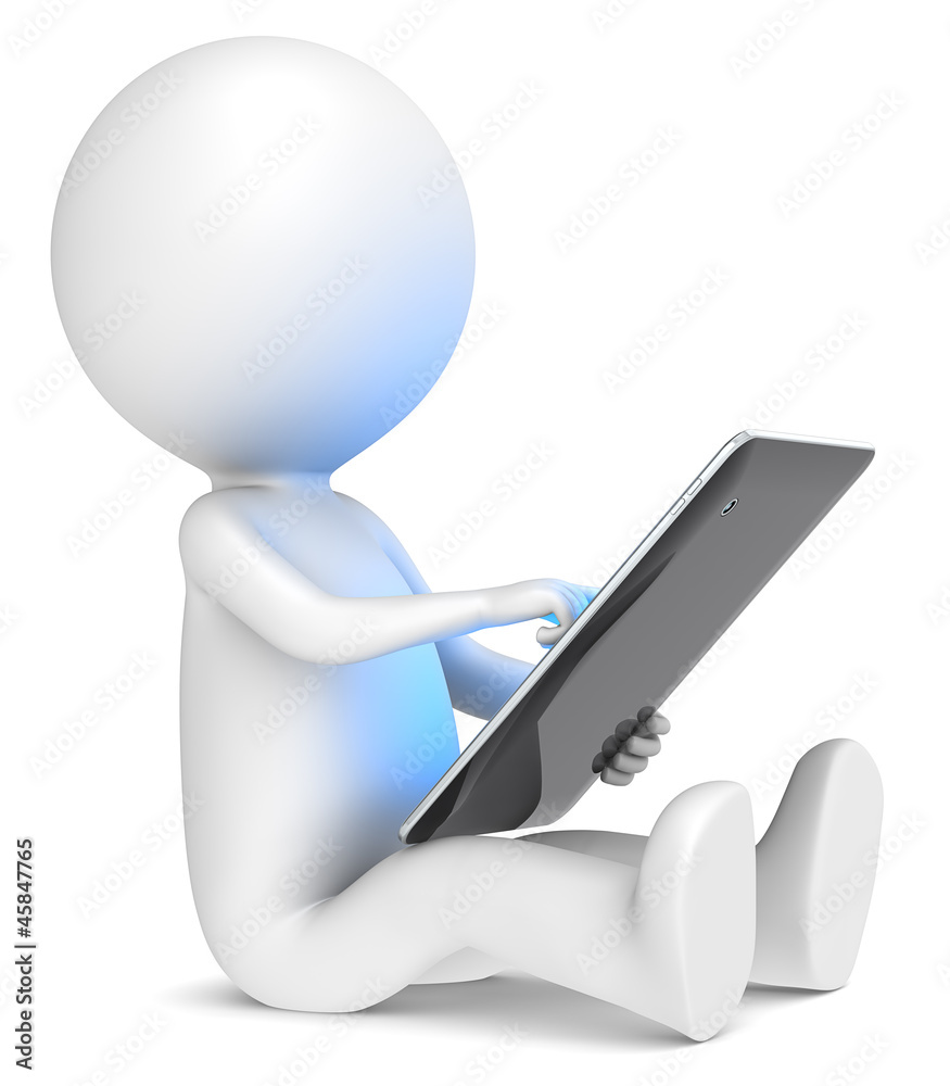 3D little human character sitting with Tablet Computer.