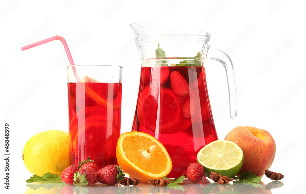 sangria in jar and glass with fruits, isolated on white sangria in jar and glass with fruits, isolated on white