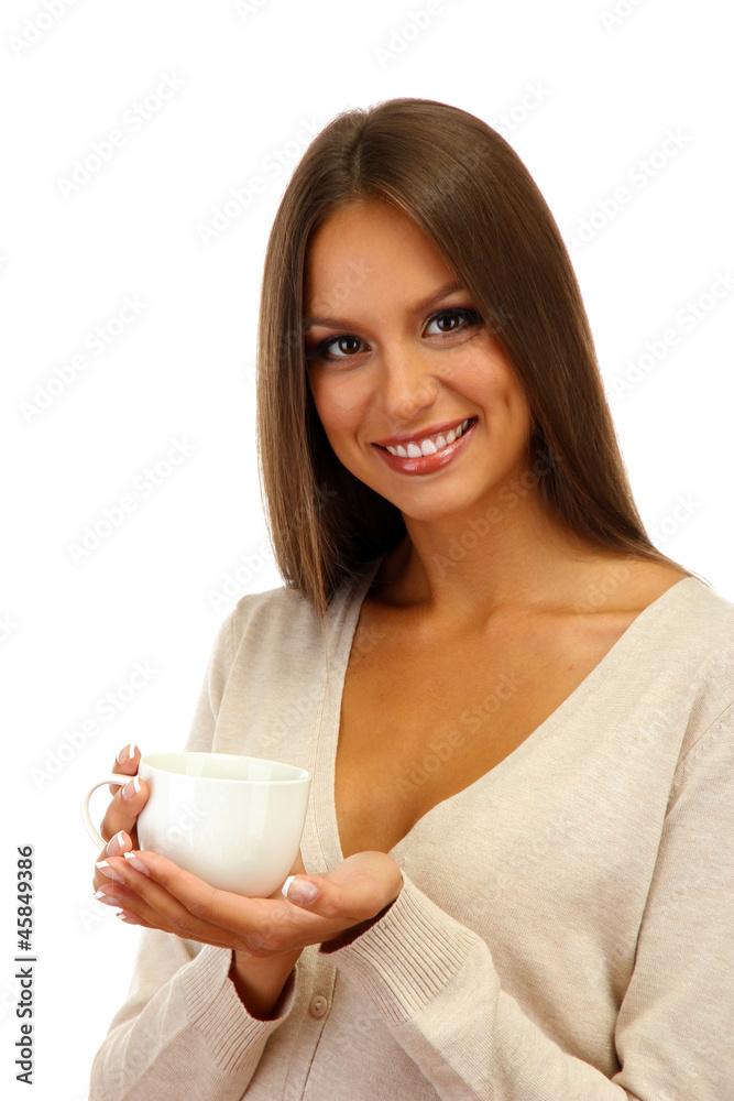 beautiful young woman with cup of coffee, isolated on white beautiful young woman with cup of coffee, isolated on white