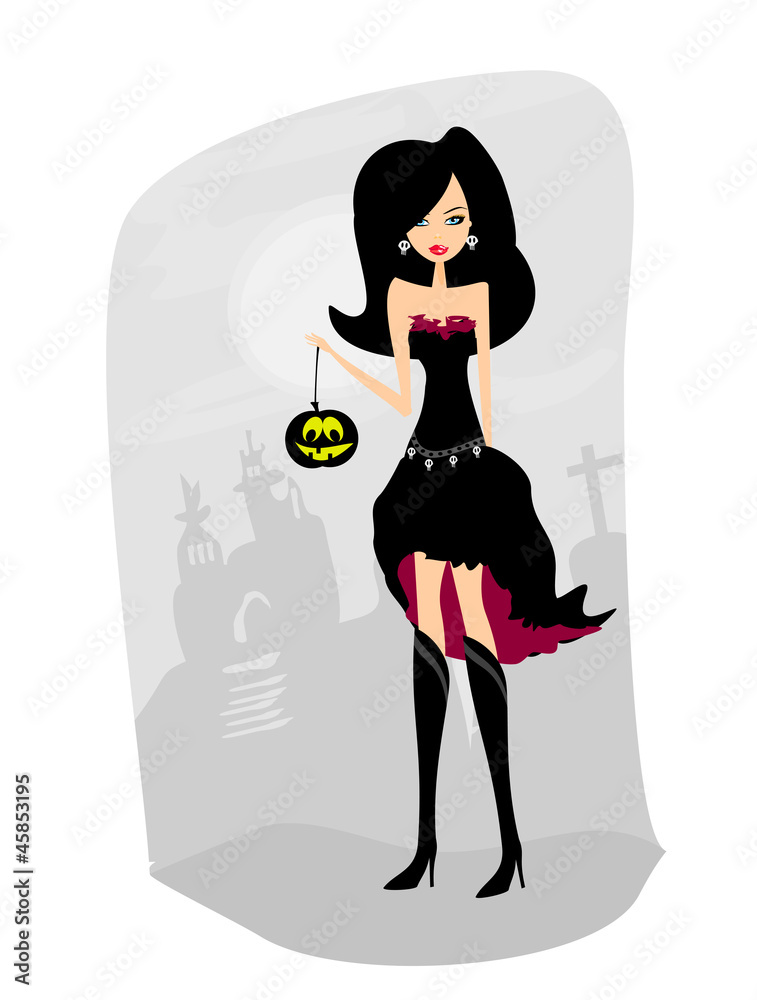 Obraz premium Halloween witch standing with pumpkins