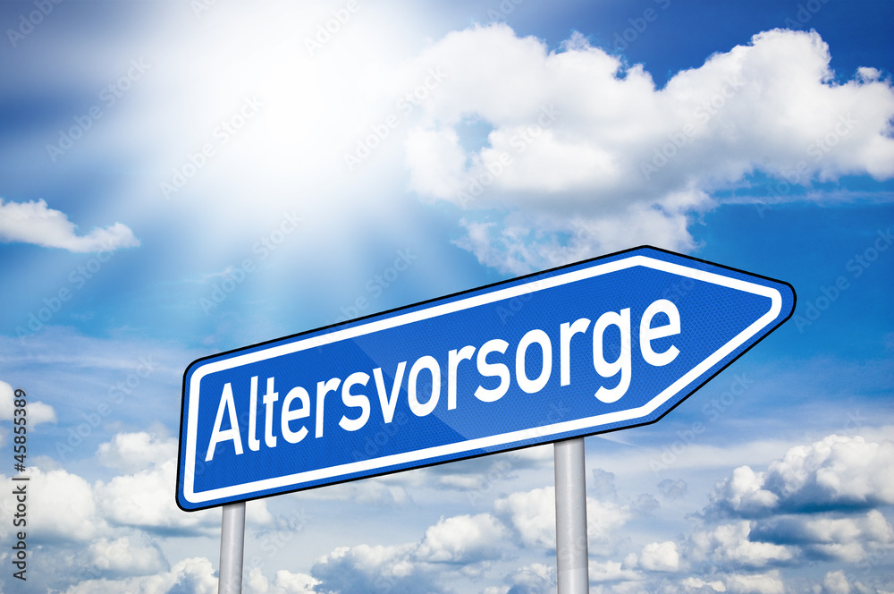 Blaues Schild mit Altersvorsorge und Sonne Blaues Schild mit Altersvorsorge und Sonne