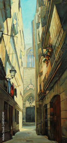 in gothic quarter of barcelona,  illustration, painting by oil o #45856944