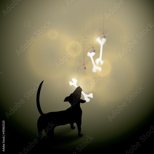 MERRY CHRISTMAS card / Dog looks at funny decorations of bones