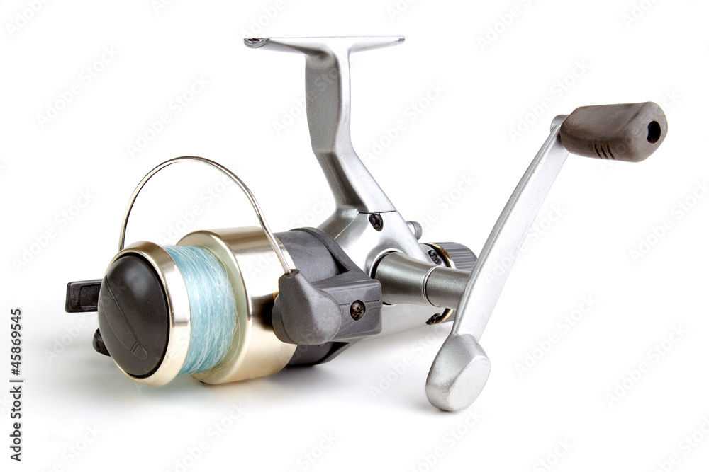 Fishing reel with line, isolated on white with shadow Fishing reel with line, isolated on white with shadow