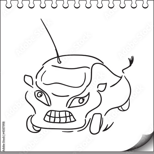 Car character sketch on white notebook page