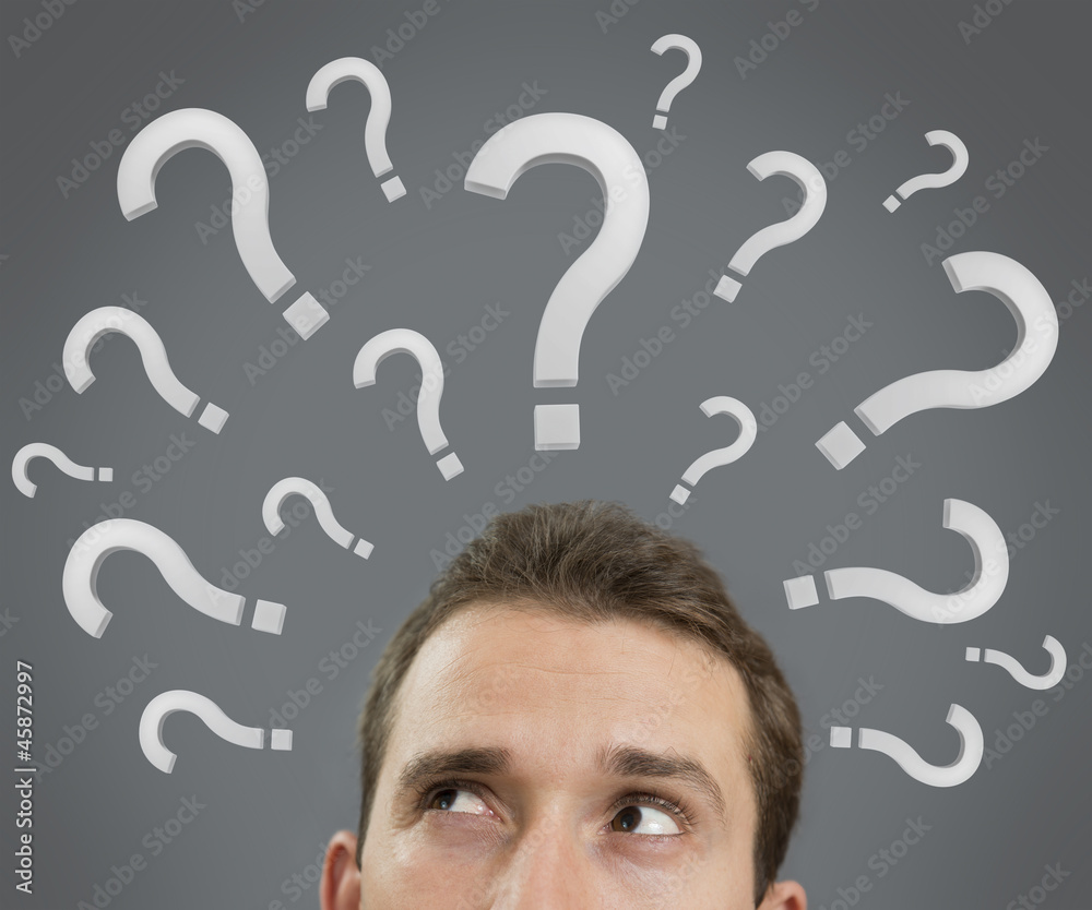 Man thinking concept with question marks close up Man thinking concept with question marks close up