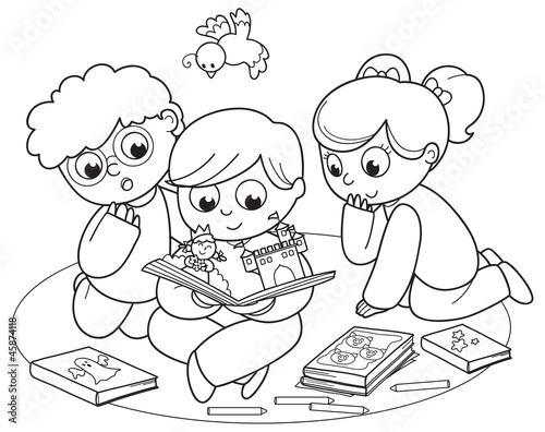 Fototapeta Kolorowanie ilustracja przyjaciół razem czyta książkę pop-up.