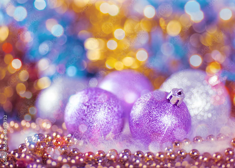 Greeting card with Christmas balls in bright lilac design Greeting card with Christmas balls in bright lilac design