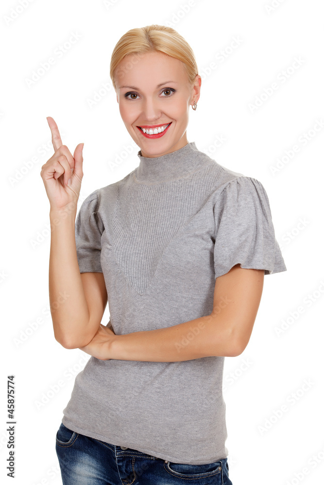 happy young woman pointing at something interesting happy young woman pointing at something interesting