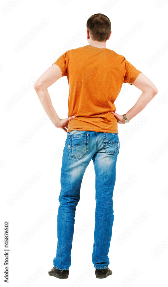 Back view of young men in  orange t-shirt