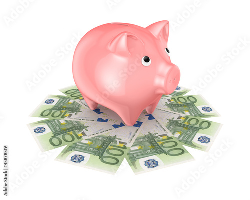 Pink piggy bank and euro banknotes.