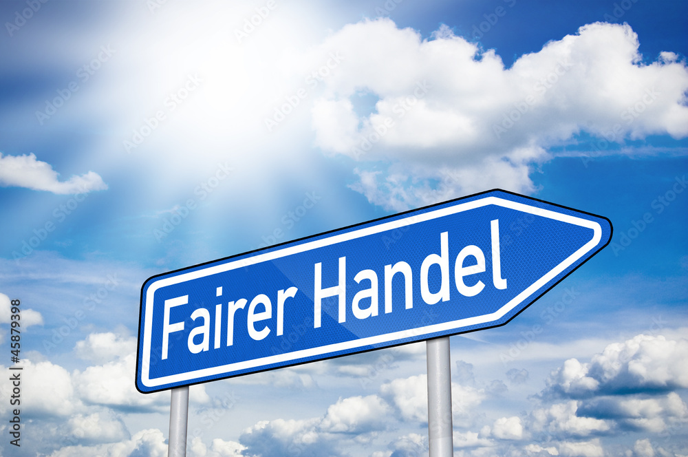 Blaues Schild mit Fairer Handel Blaues Schild mit Fairer Handel