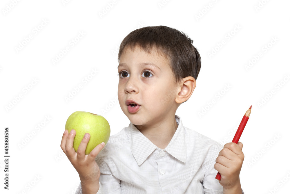 cute boy with apple and pencil cute boy with apple and pencil